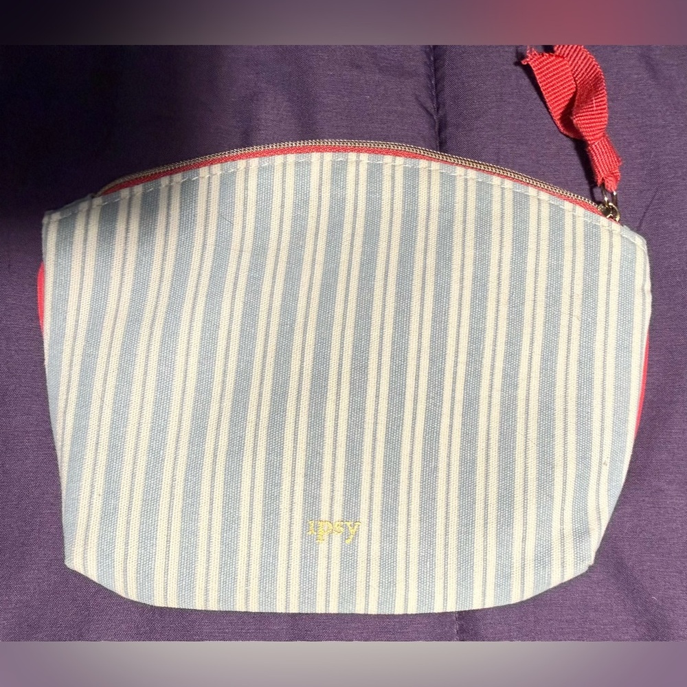 Ipsy white & blue Striped Cosmetic Bag with Pink Accents